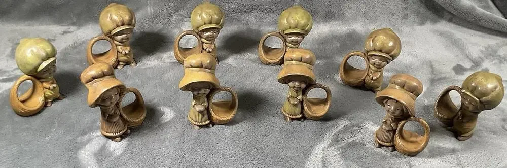 Vintage Ceramic Boy(6) & Girl(4) Napkin Rings Set Of 10 Green Brown Farmhouse